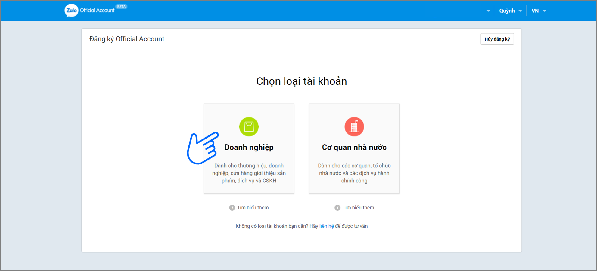 Chọn loại tài khoản Zalo Official Account