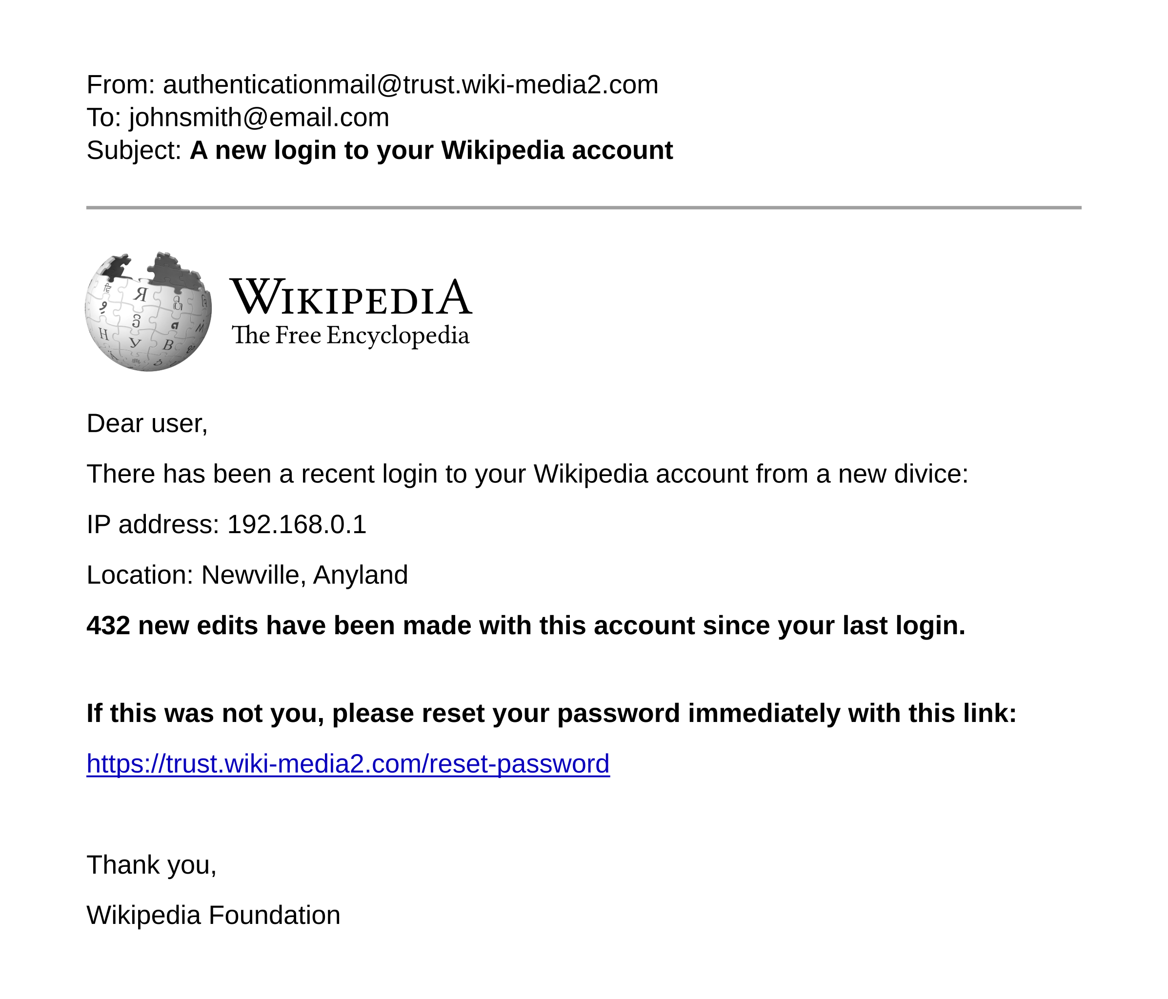 Ví dụ email phishing giả mạo yêu cầu đặt lại mật khẩu