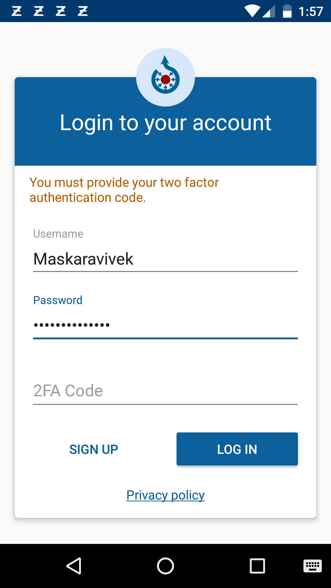 Minh họa màn hình yêu cầu mã xác thực hai lớp