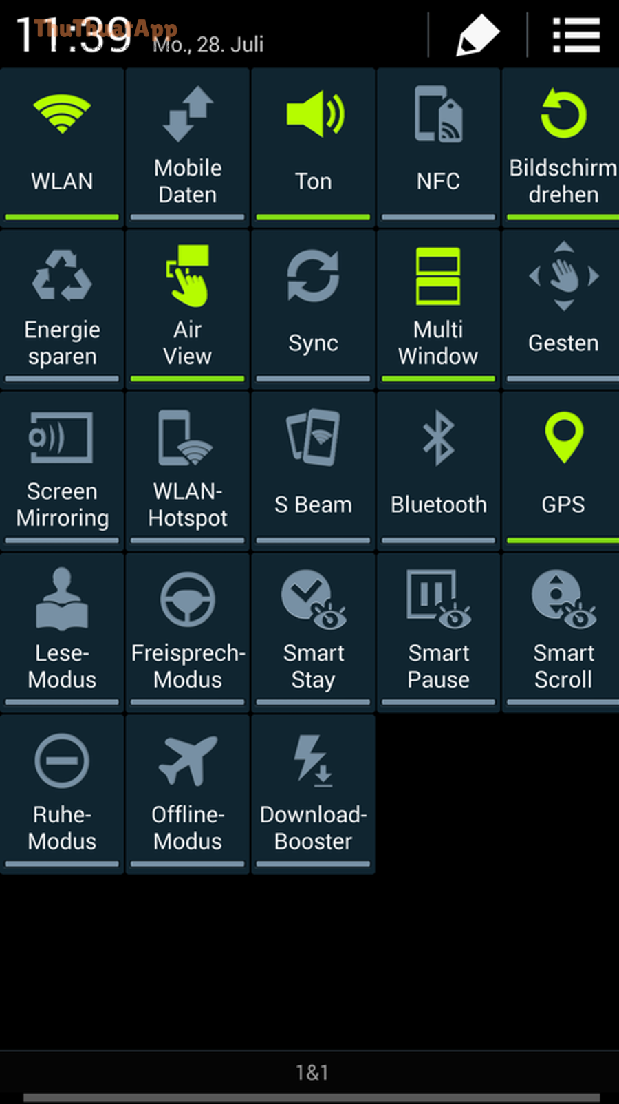 Thanh bật tắt nhanh có Bluetooth trong Android