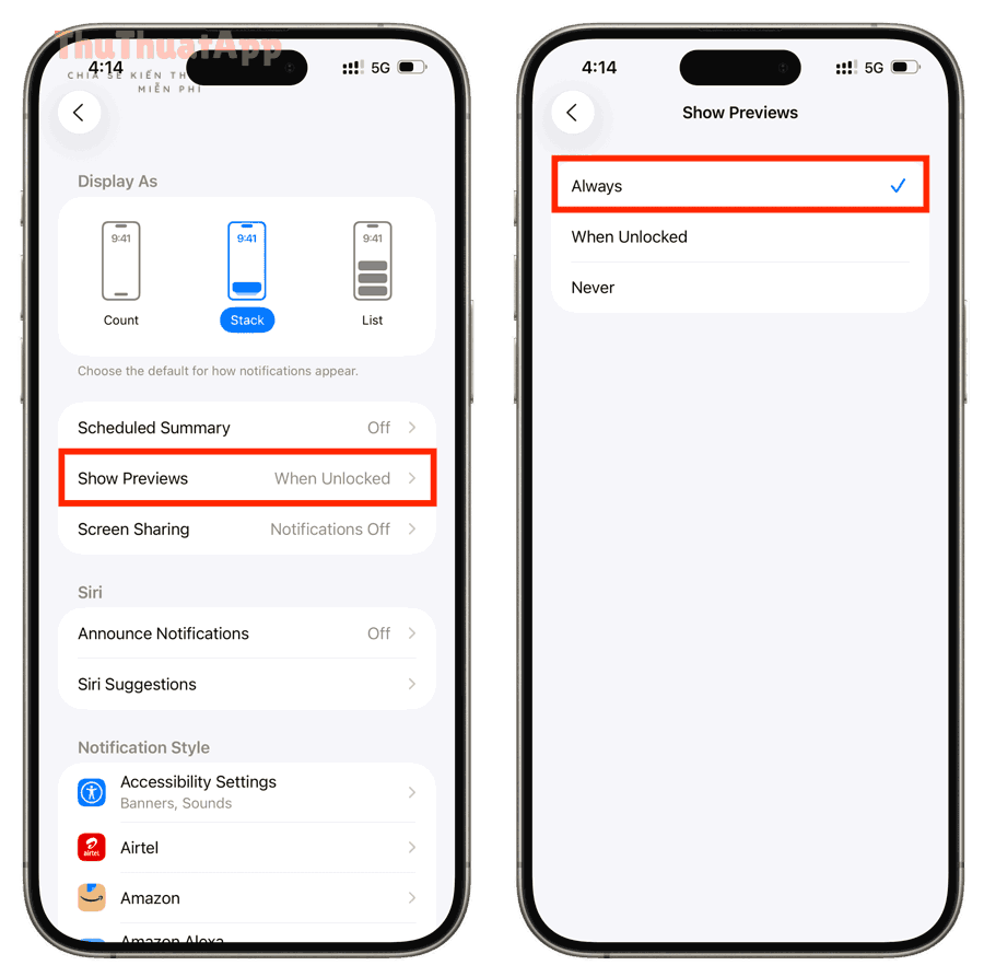 Cách ẩn không hiện nội dung thông báo màn hình khóa iPhone cho người dùng 2 Always show previews for notifications on iPhone Lock Screen
