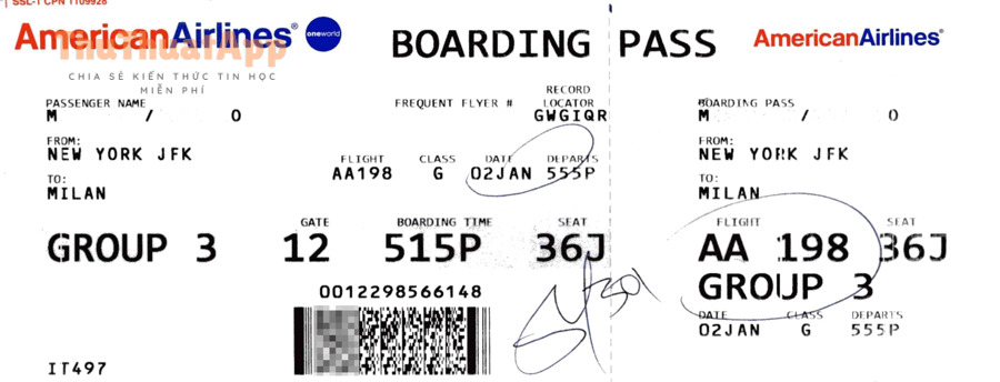 Cách dùng Wallet iPhone cho vé máy bay, thẻ thành viên (boarding pass) 3 American Airlines boarding pass AA 198