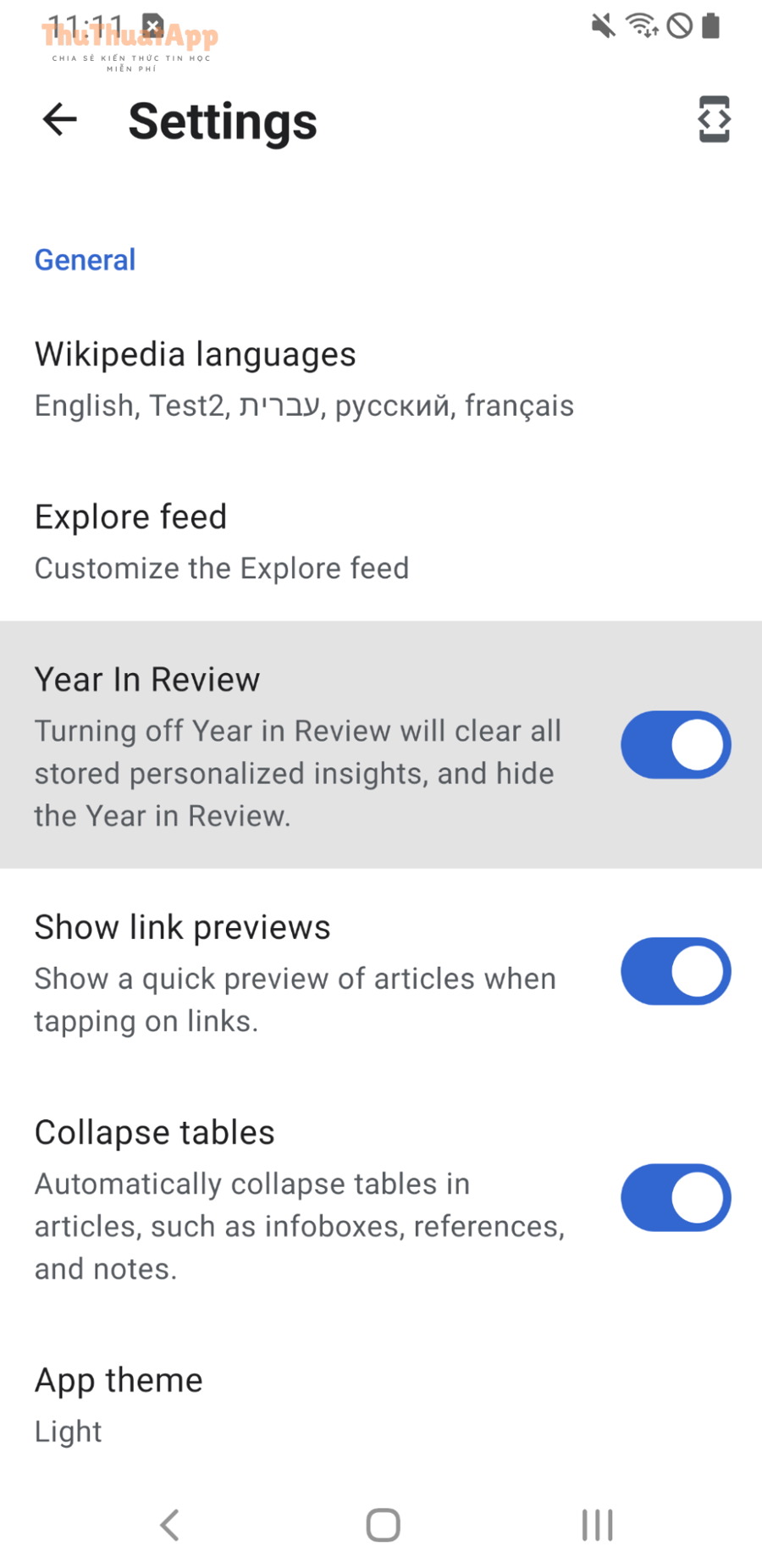 Ảnh minh họa một màn hình Settings trong ứng dụng Android, thể hiện dạng danh sách tùy chọn