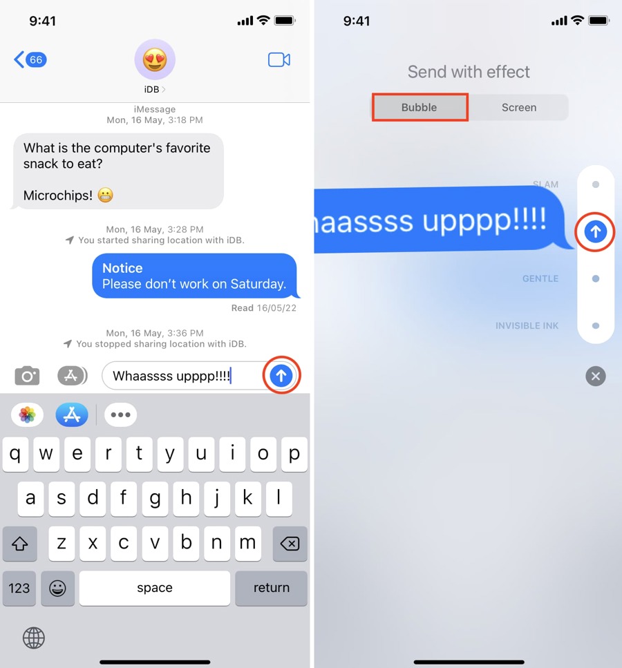Bubble effects in Messages iPhone