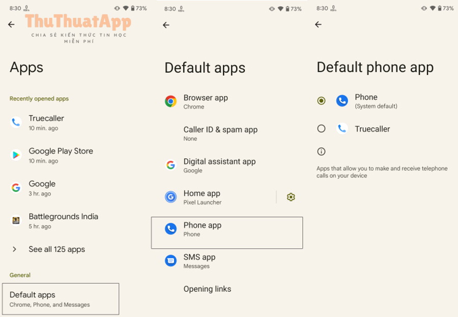 Mục Default apps và Phone app để đổi ứng dụng gọi điện mặc định trên Android