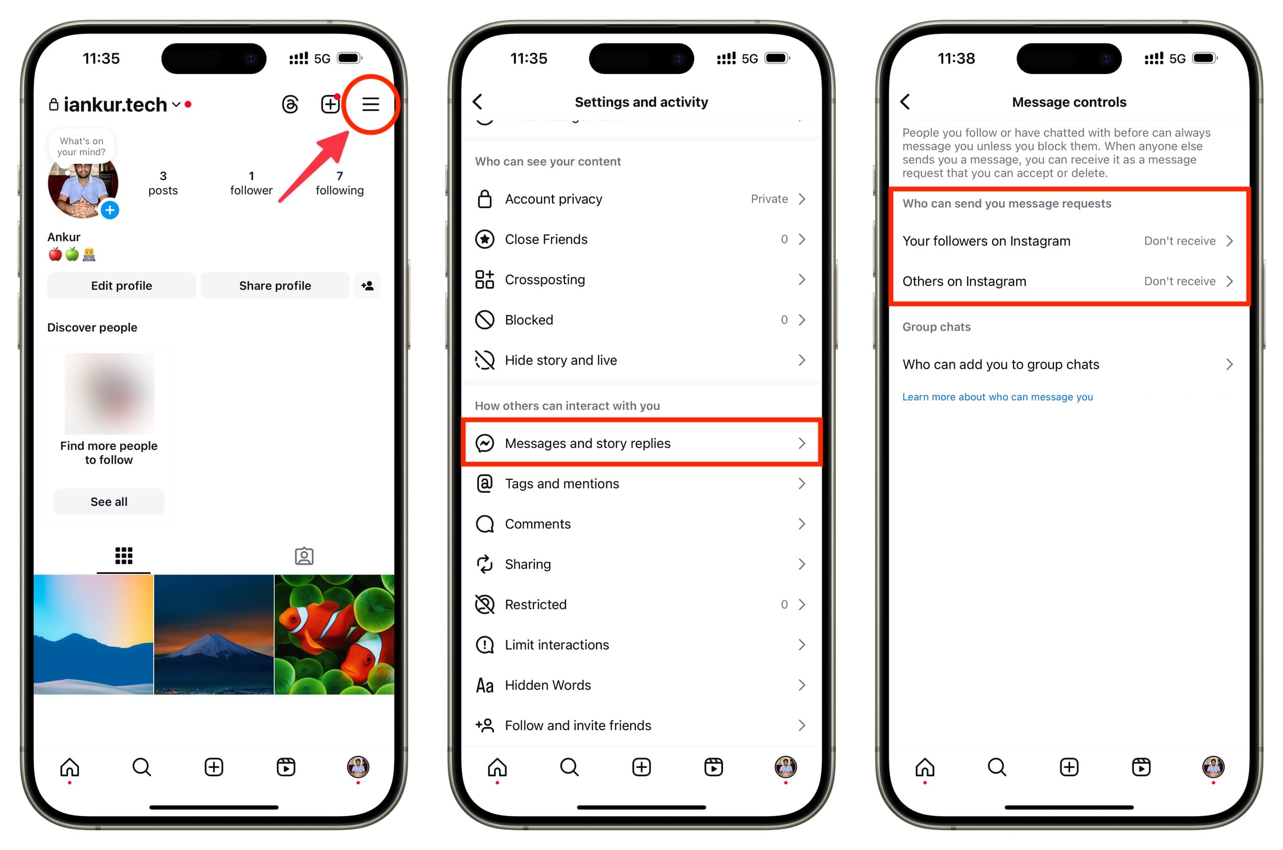 Minh họa đường dẫn cài đặt trong Instagram để kiểm soát tin nhắn và quyền riêng tư