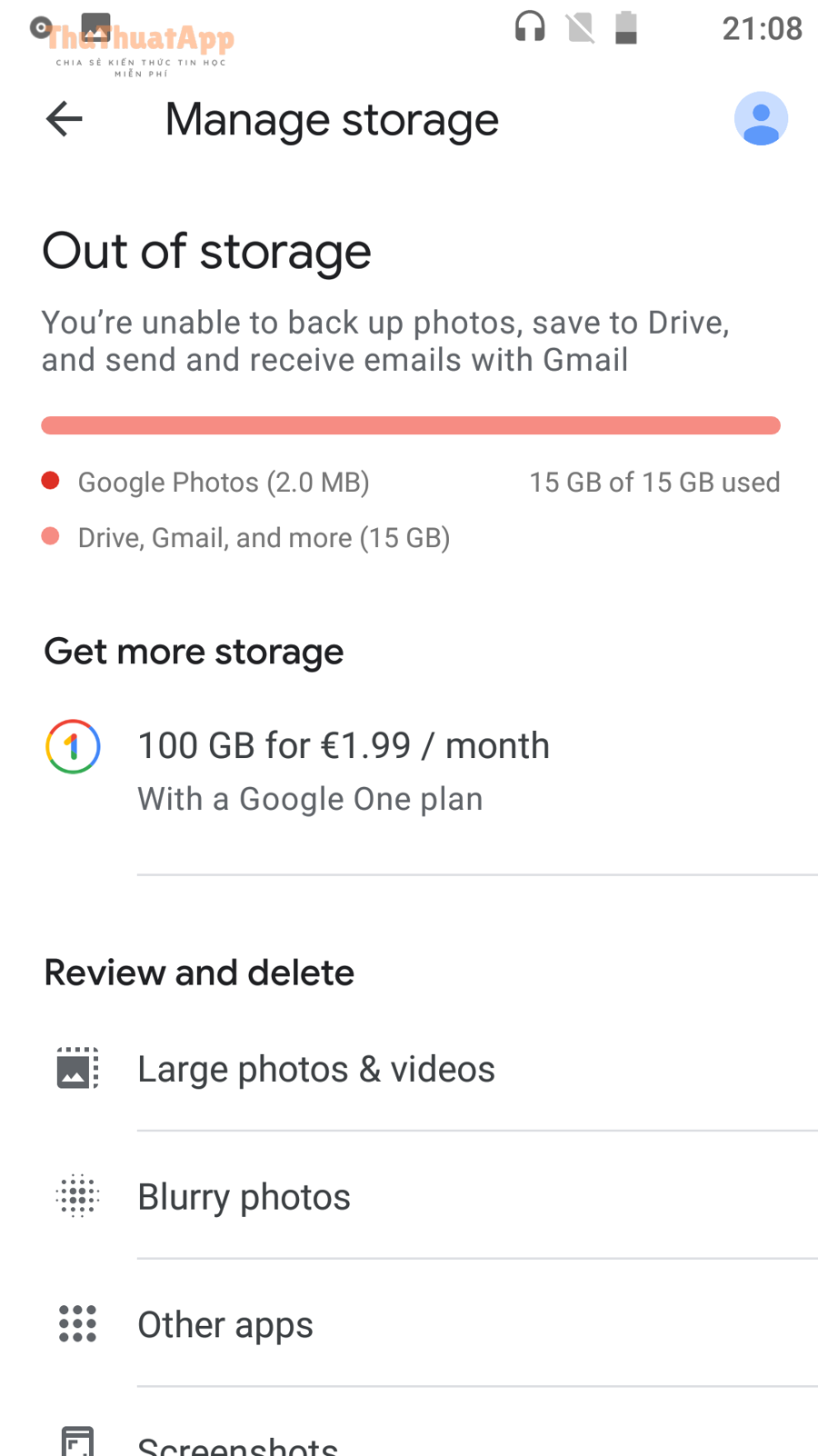 Ví dụ màn hình quản lý dung lượng khi Google Photos/Google Storage đầy