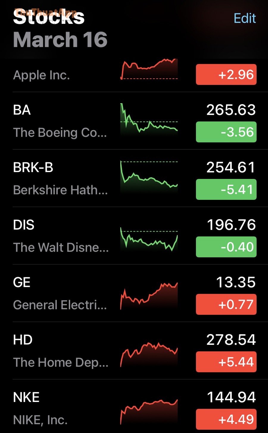 Screenshot of the pre installed iOS app Stocks