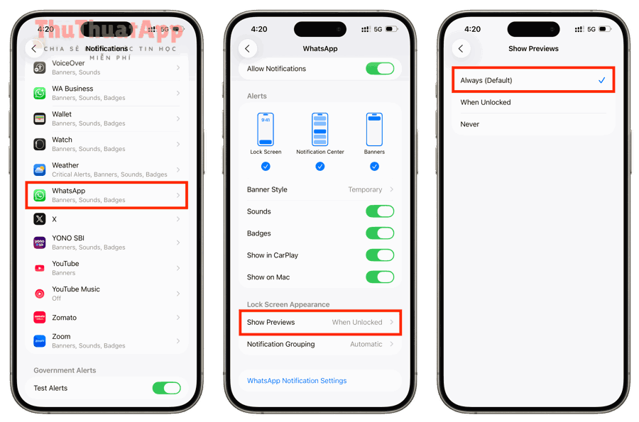 Cách ẩn không hiện nội dung thông báo màn hình khóa iPhone cho người dùng 4 Show previews for an app in iPhone notification settings