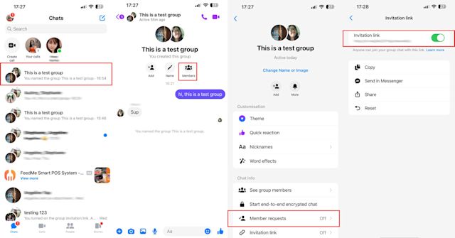 Minh họa chia sẻ link mời vào nhóm chat Messenger
