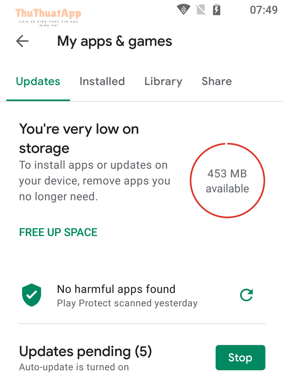 Thông báo bộ nhớ thấp trong Google Play