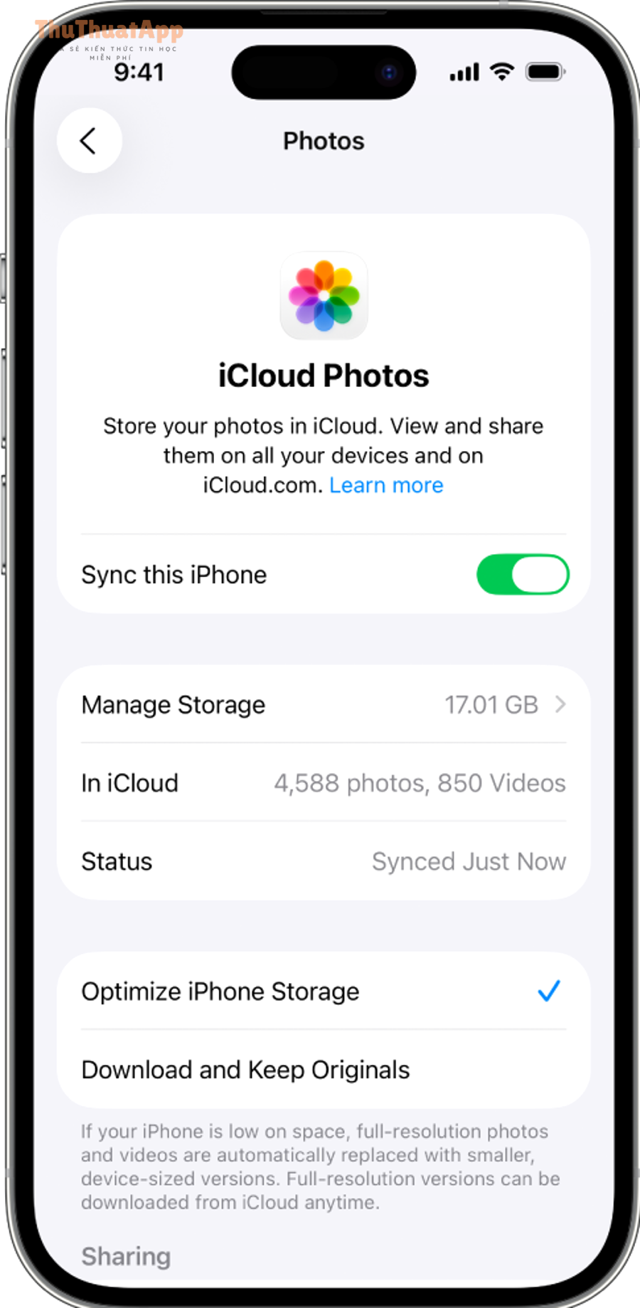 Hướng dẫn đồng bộ ảnh iPhone với iCloud Photos bật-tắt đúng cách 2 Màn hình cài đặt iCloud Photos trên iPhone với tùy chọn Sync this iPhone
