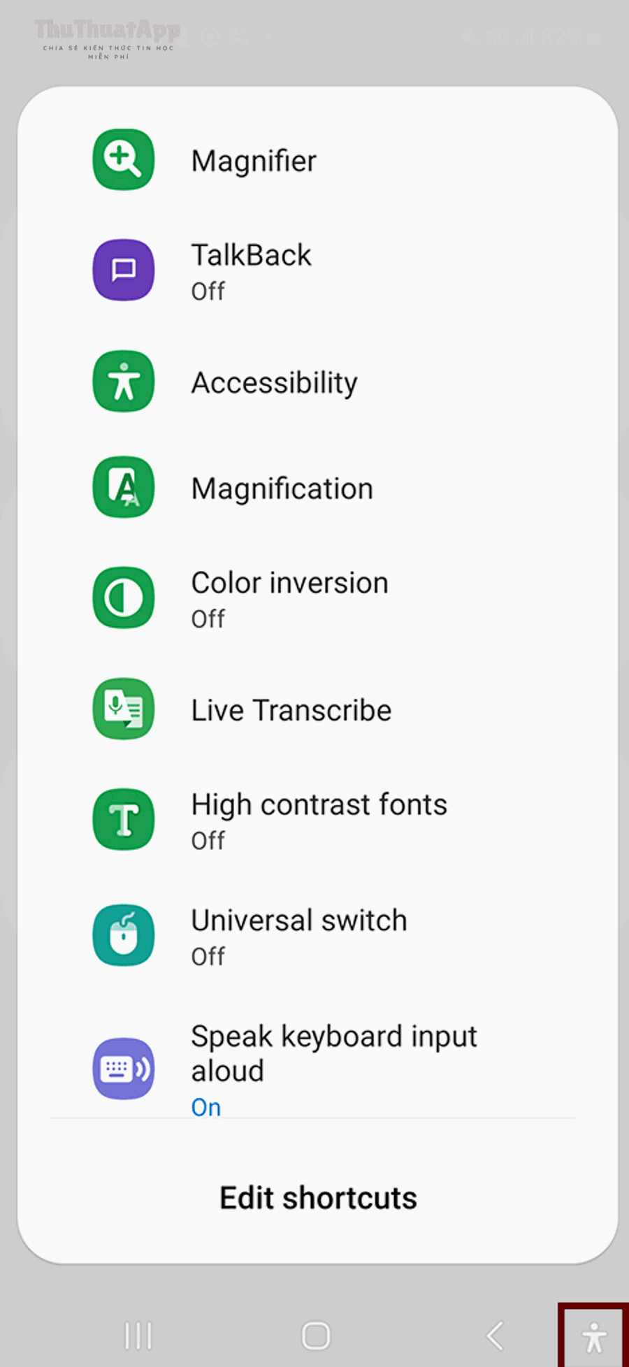 Danh sách Accessibility shortcuts trên Android gồm Magnifier, TalkBack, Magnification...
