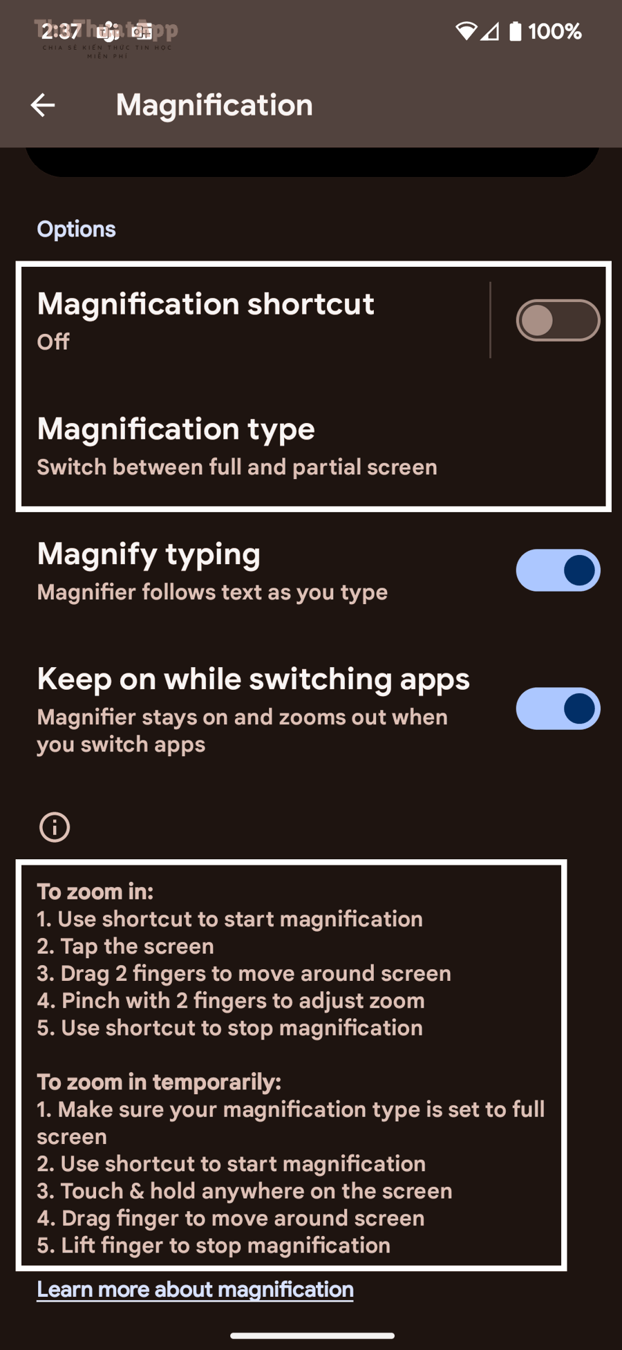 Màn hình cài đặt Magnification trên Android