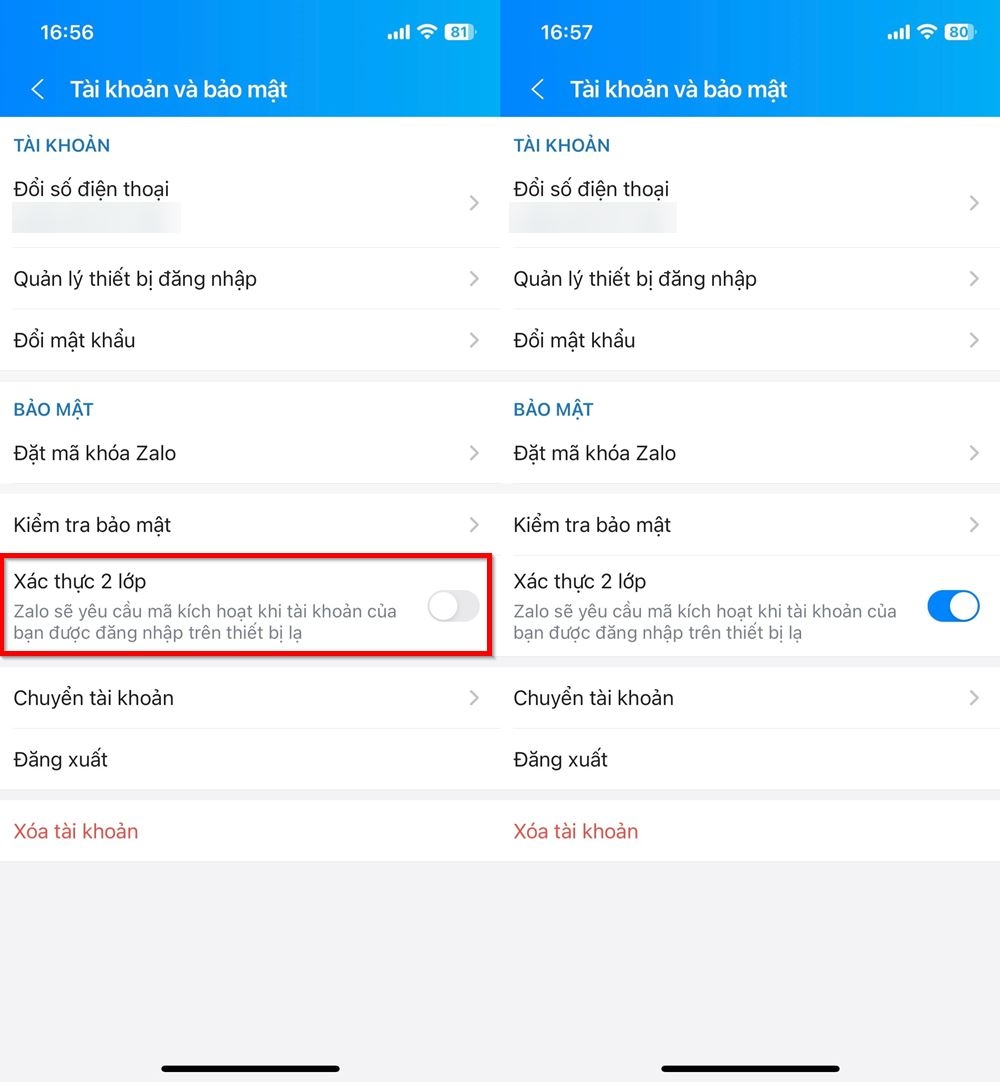 Bật xác thực 2 lớp trong mục Tài khoản và bảo mật của Zalo