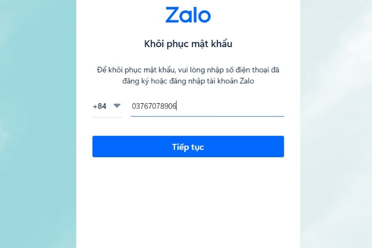 Nhập số điện thoại để khôi phục mật khẩu Zalo