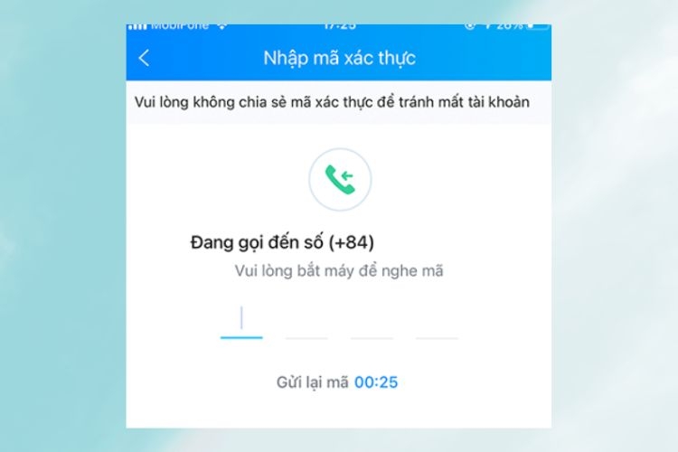 Màn hình nhập mã xác thực khi lấy lại mật khẩu Zalo