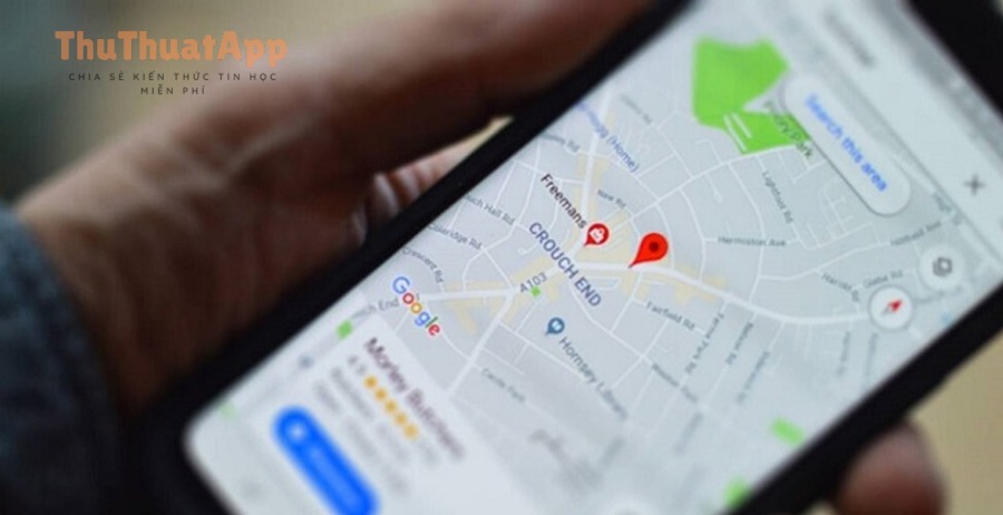 Bản đồ và ghim địa điểm, minh họa tìm xung quanh một điểm trên Google Maps