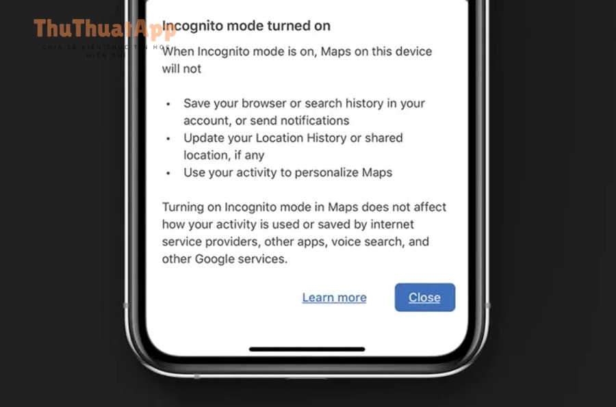 Thông báo Incognito mode trong Google Maps