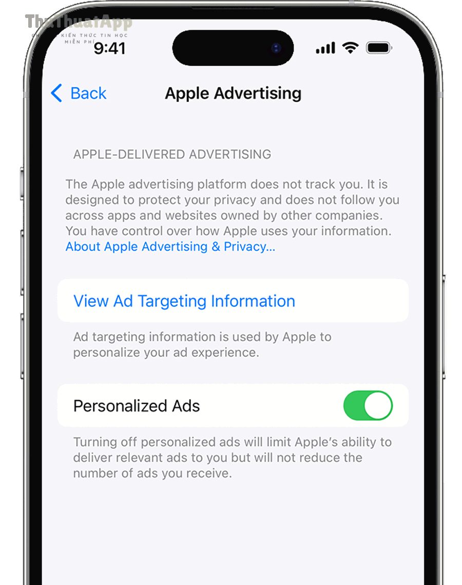 Tắt Ads/Tracking trên iPhone cho người mới: bật lại khi cần 6 Apple Advertising: tắt Personalized Ads