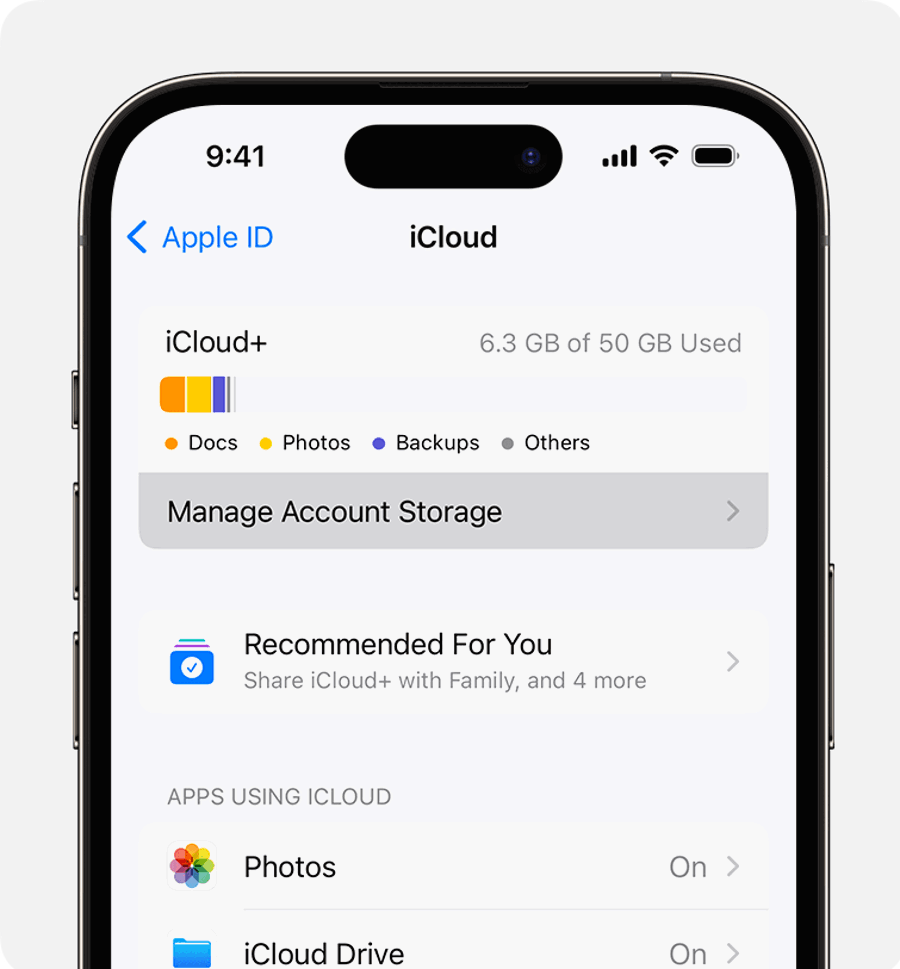 Cách khôi phục iPhone từ iCloud: phục hồi dữ liệu an toàn 3 Màn hình iCloud và Manage Account Storage