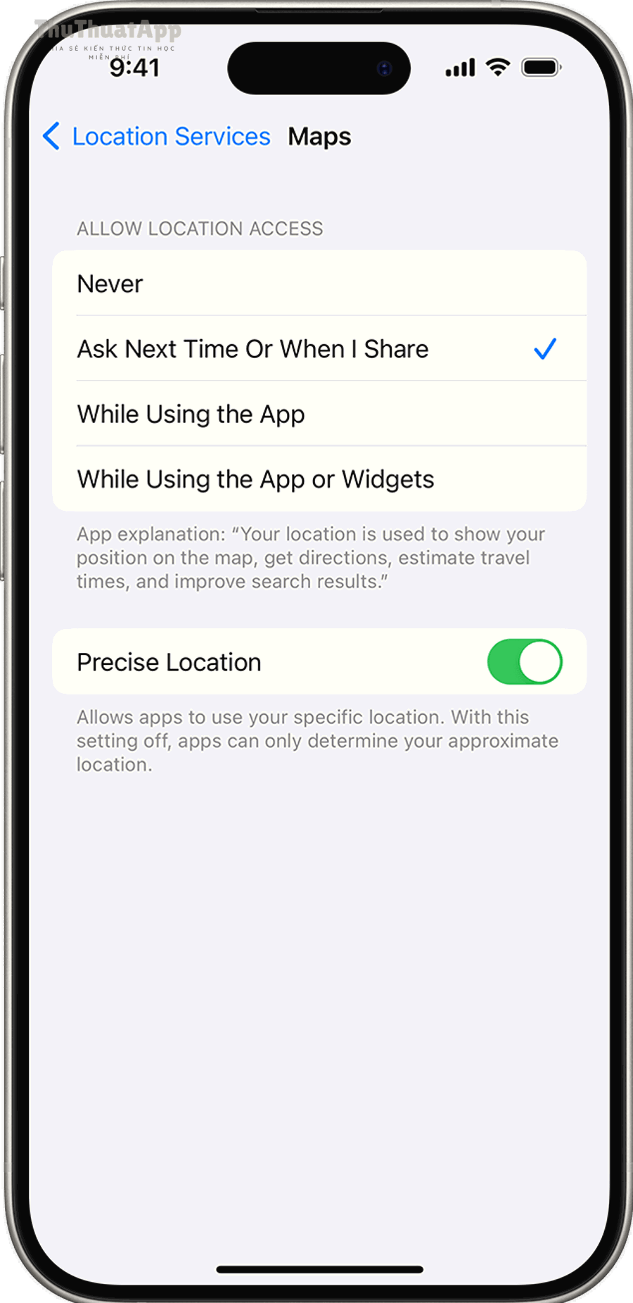 Tuỳ chọn quyền vị trí và Precise Location trên iPhone