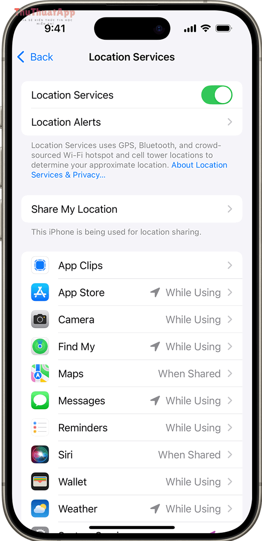 Màn hình Location Services trên iPhone