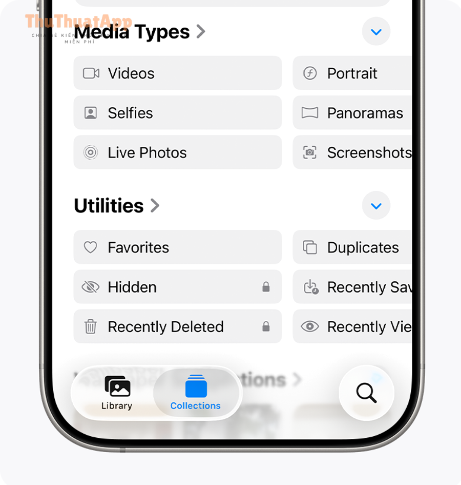 Vị trí Hidden và Recently Deleted trong Utilities của Photos