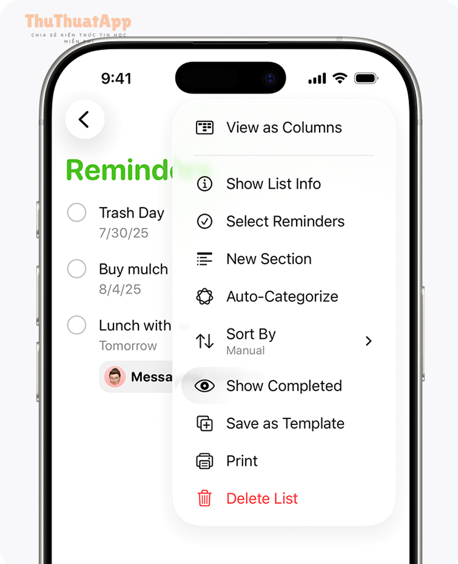 Menu tùy chọn trong Reminders như xem mục đã hoàn tất