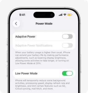 ios 26 iphone 16 pro settings battery power mode low power mode on
