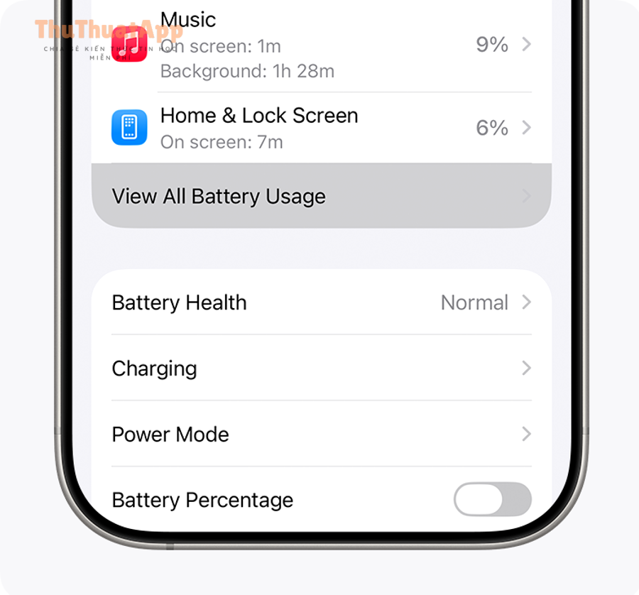 Hướng dẫn tối ưu sạc pin iPhone cho người mới: bật/tắt chuẩn 8 Mục View All Battery Usage trong phần Battery