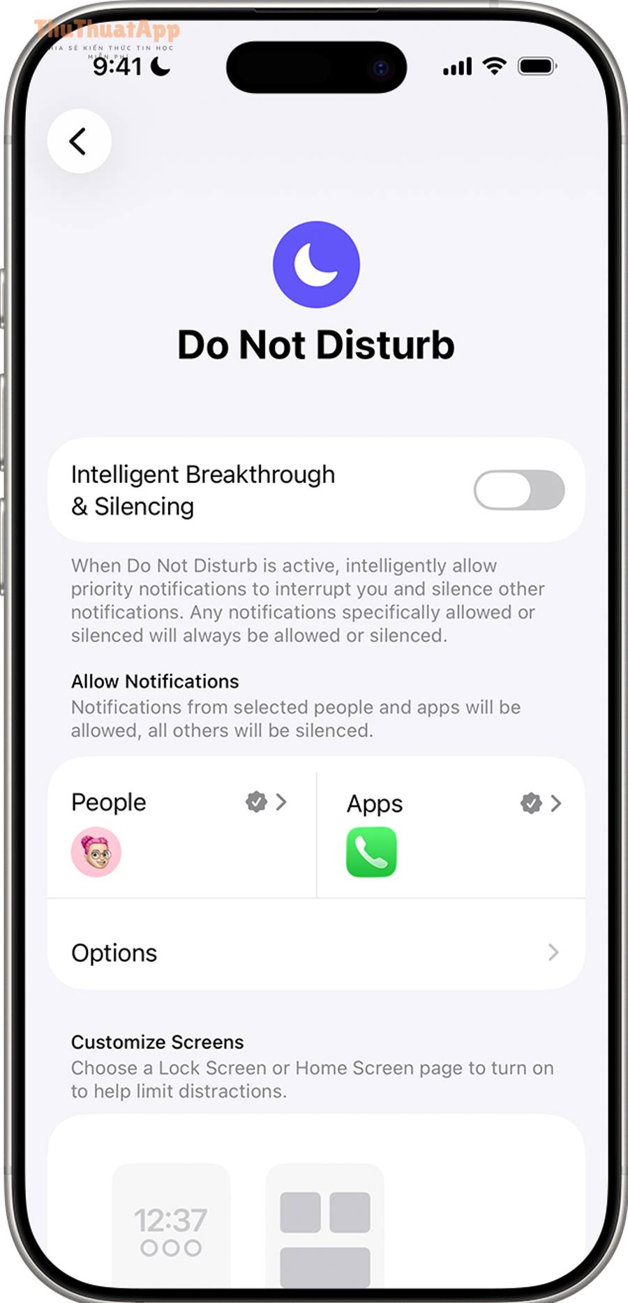 Tạo và tùy chỉnh Không làm phiền iPhone cho người bận rộn, Do Not Disturb 6 Màn hình cài đặt Không làm phiền trong Focus