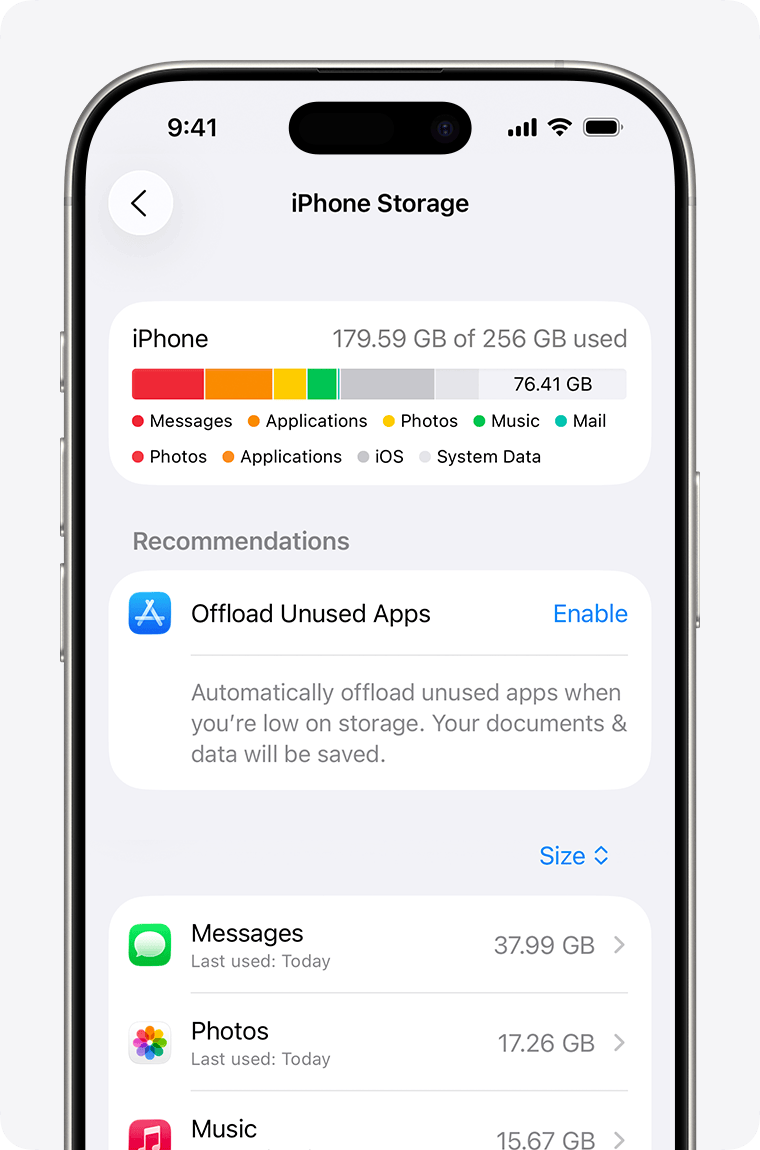 Minh hoạ màn hình iPhone Storage trên iOS