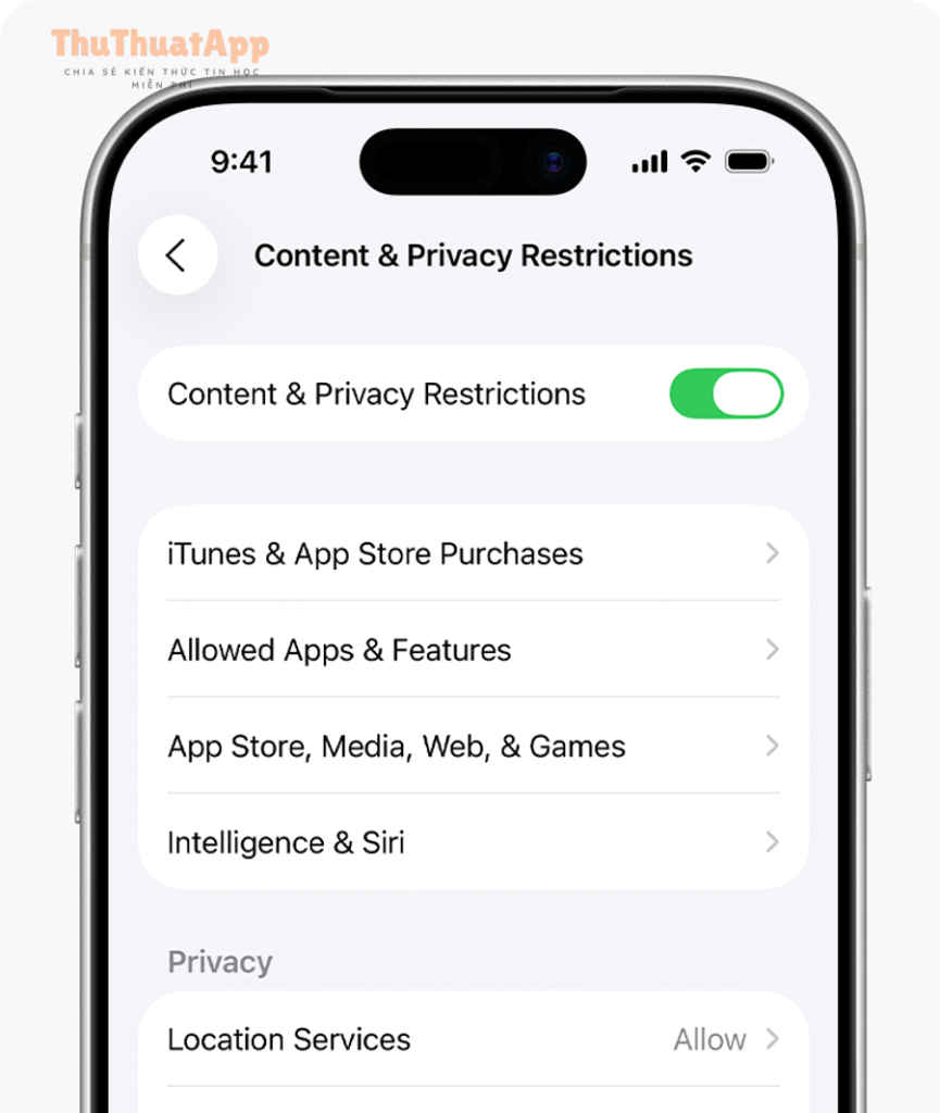Hướng dẫn chặn mua hàng trong app iPhone cho trẻ: tắt mua nhầm 1 ios 26 iphone 17 pro settings screen time content and privacy restrictions on