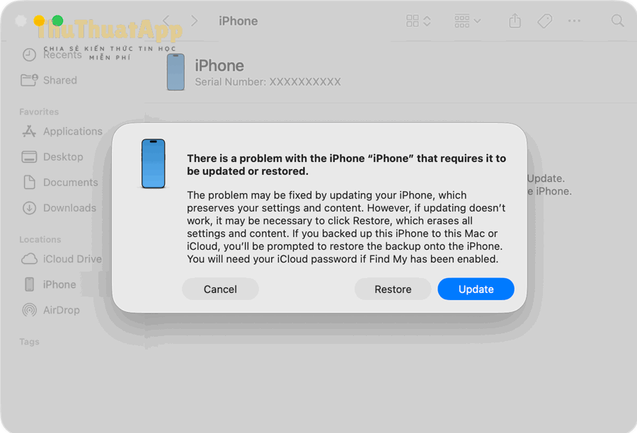 Giải đáp hạ cấp iOS có được không cho iPhone, ngược nâng cấp 3 macos tahoe 26 finder connected iphone there is a problem with iphone update res