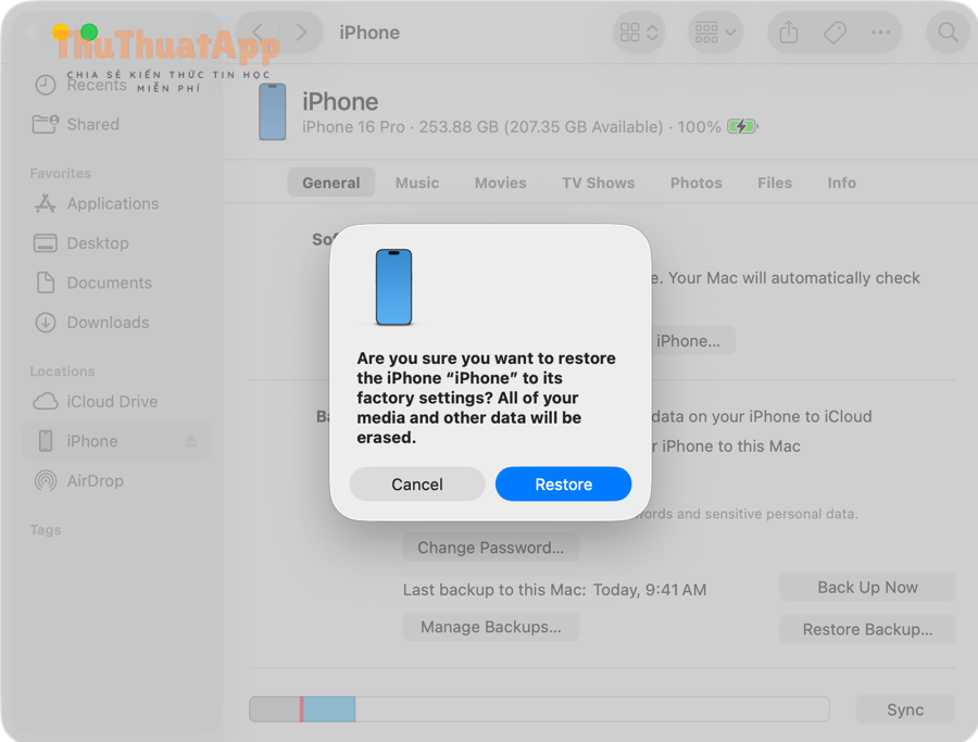 Giải đáp hạ cấp iOS có được không cho iPhone, ngược nâng cấp 5 macos tahoe 26 finder iphone general restore iphone are you sure all data will b