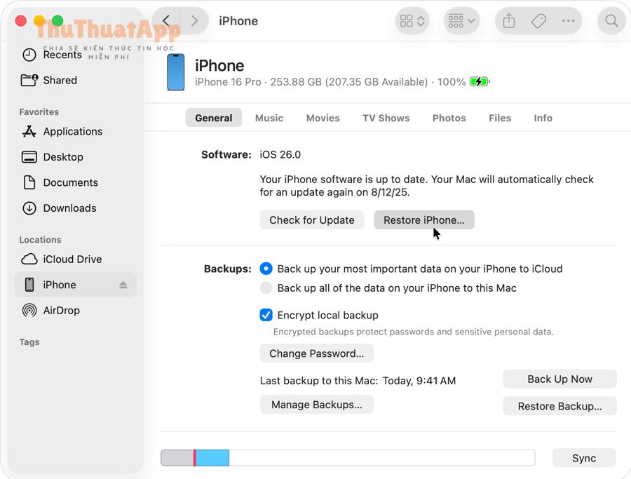 Giải đáp hạ cấp iOS có được không cho iPhone, ngược nâng cấp 6 macos tahoe 26 finder iphone general restore iphone
