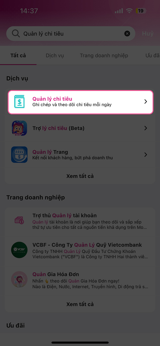 Tìm Quản lý chi tiêu trên MoMo