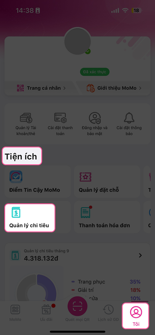 Mục Quản lý chi tiêu trong Tiện ích MoMo