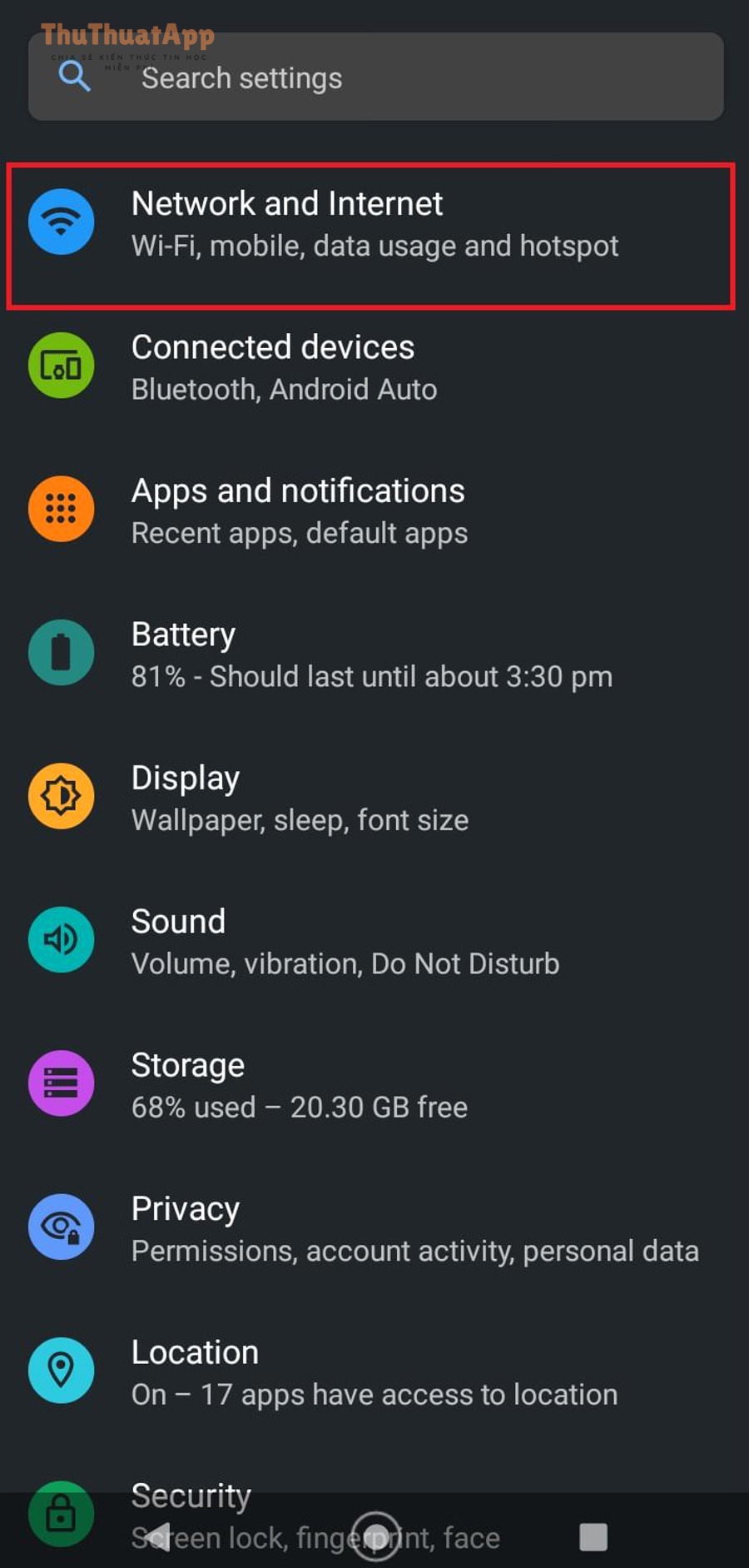 Mục Network and Internet trong Settings Android - nơi quản lý Wi-Fi để quên mạng và kết nối lại
