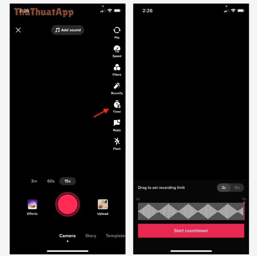 Vị trí nút Timer trên màn hình quay TikTok